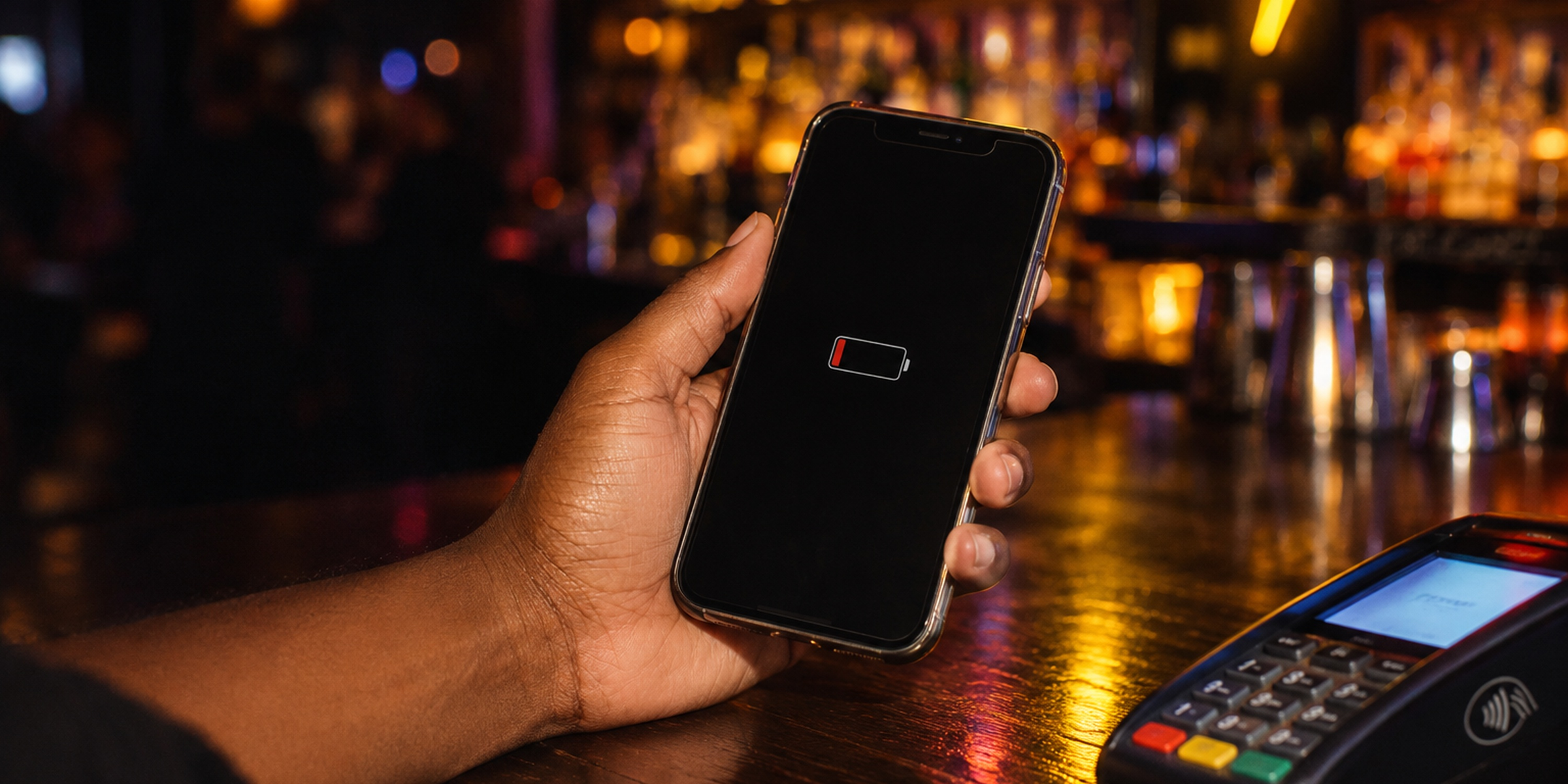 A hand holding a phone showing a low battery